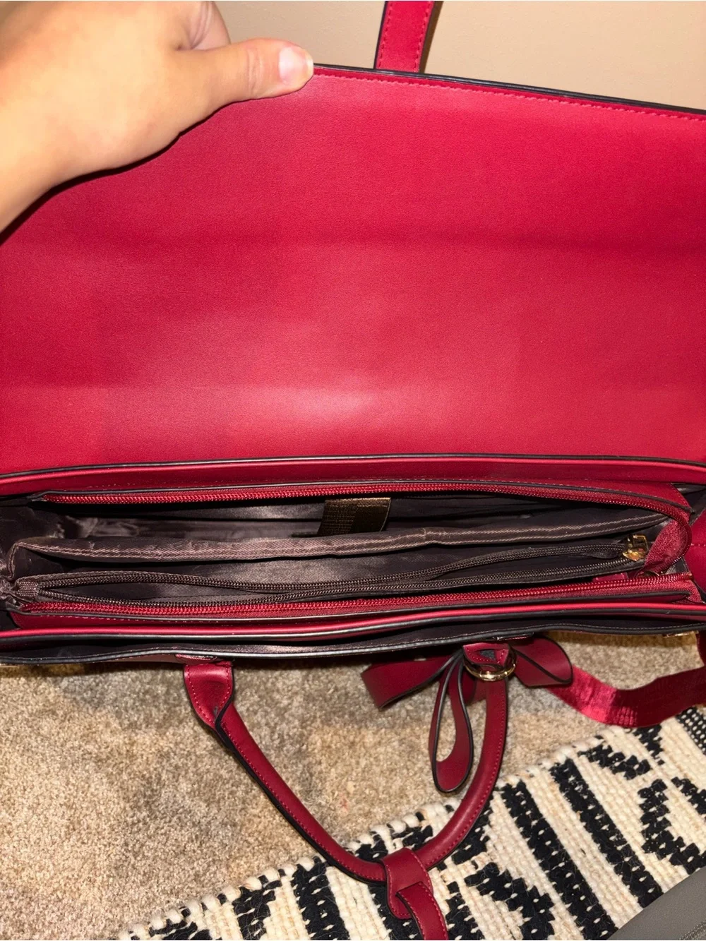 Red Leather Briefcase with Top Handles and Detachable Straps